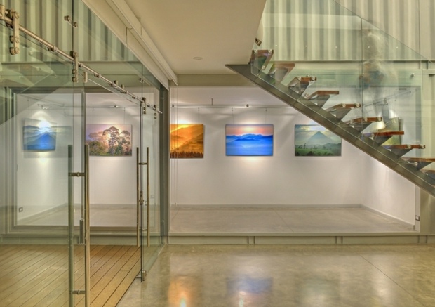 vaste intérieur avec baies vitrées et galérie d'art