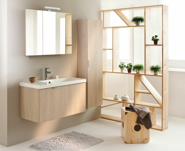 vue salle bain claire meubles bois