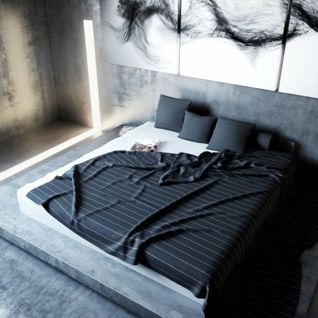 chambre à coucher minimaliste avec un lit surélevé