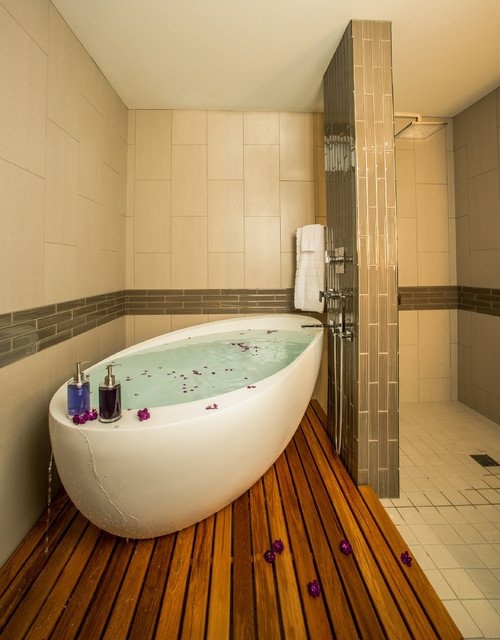 salle de bain plateforme bois baignoire