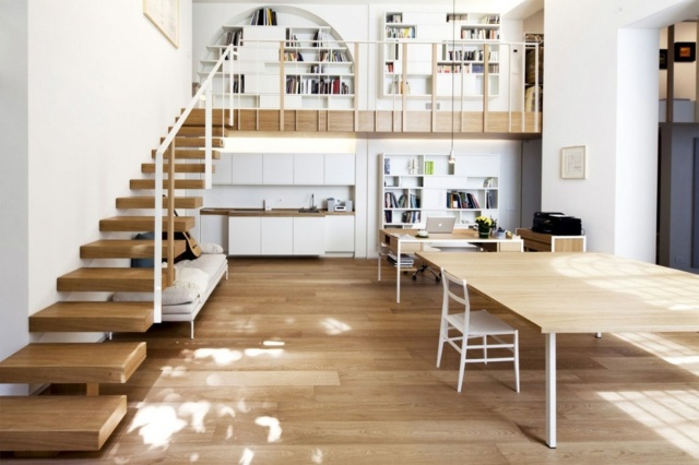 salon contemporain escalier bois
