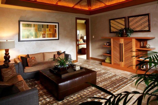 pouf en cuir marron design plateau en bois canapé de salon design idée de décoration tableau