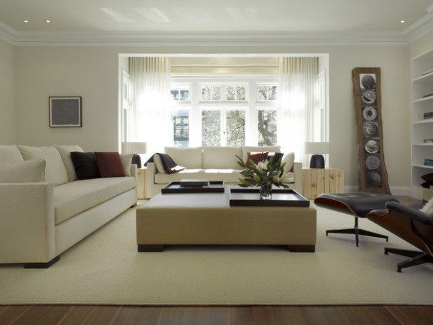 salon intérieur moderne canapé design fauteuil tabouret en cuir pouf