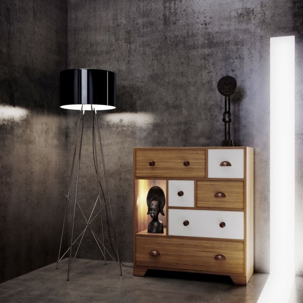 visualisaton 3D meuble bois et lampe de pied années 50