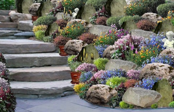 escalier jardin fleurs rocaille