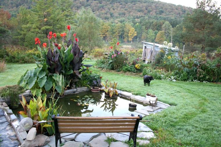 aménagement jardin bassin d'eau banc de jardin en bois