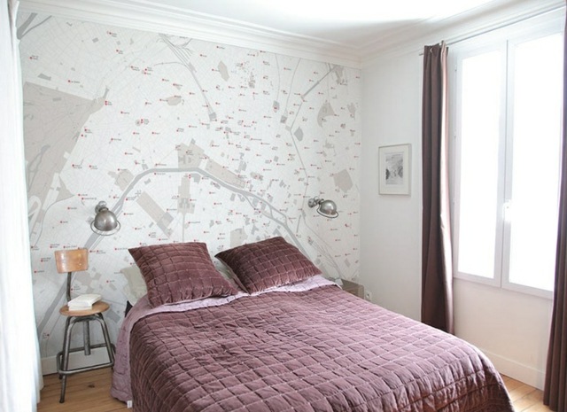 papier peint chambre tête de lit mur carte pratique chambre à coucher idée déco 