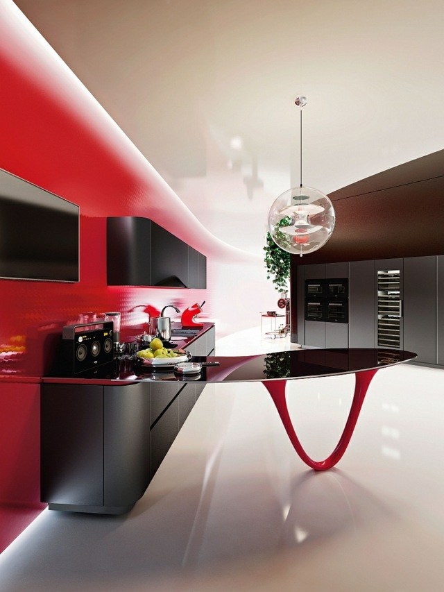 îlot de cuisine semi-central design noir rouge luminaire suspendu