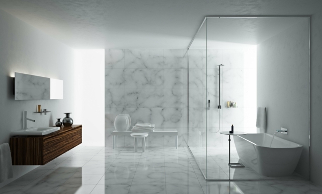 salle de bain moderne design luxueuse bois marbre baignoire paroi de baignoire paroi de douche verre beau