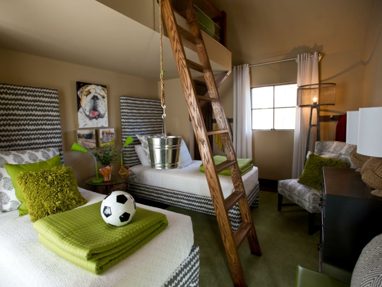 aménagement chambre enfant lit déco tableau luminaire intérieur tapis de sol vert