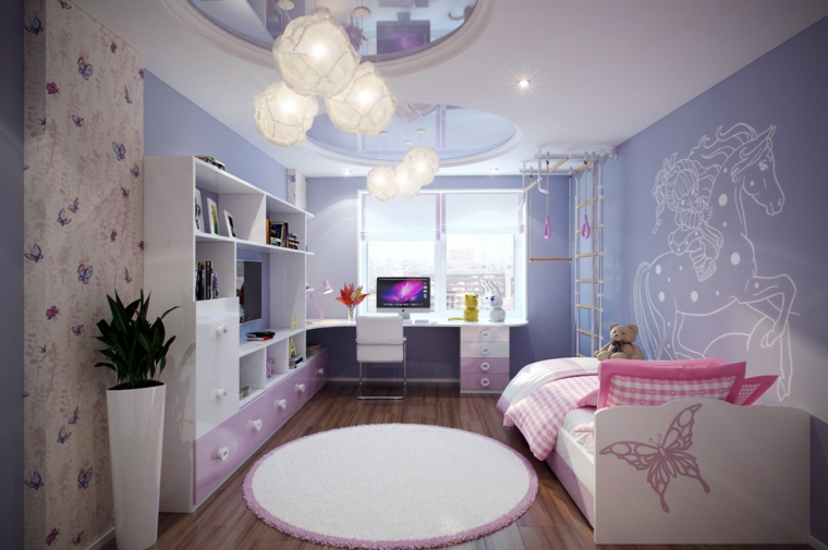 couleur chambre enfant violet blanc idée tapis de sol rond