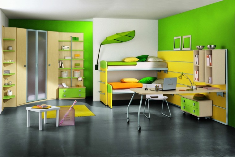 chambre ado vert jaune bureau bois chaise blanche lit deux places armoire 