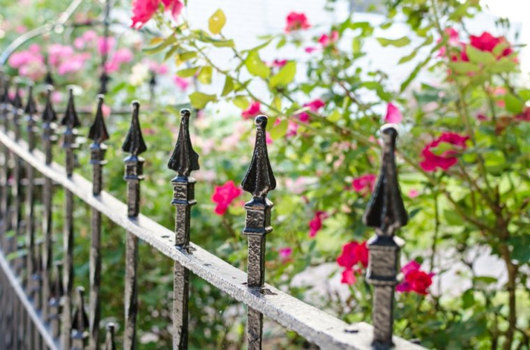 jardin clôture métal solide stable fleurs roses déco 