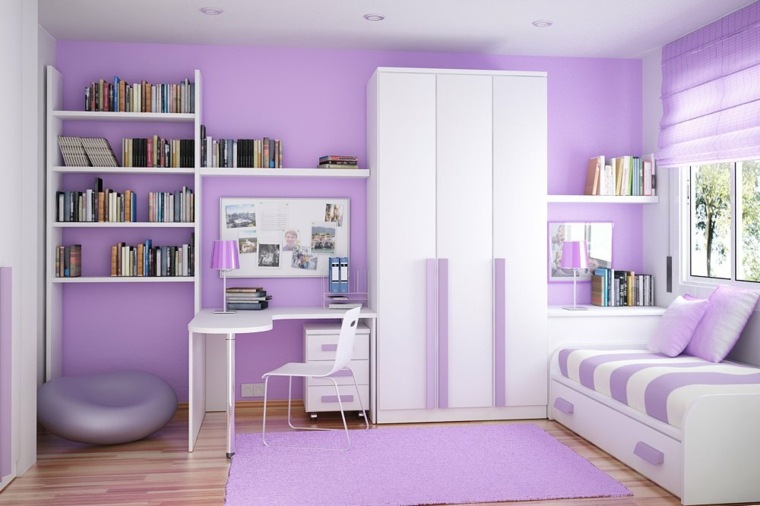 fille chambre idée tapis de sol peinture mur violet lit 