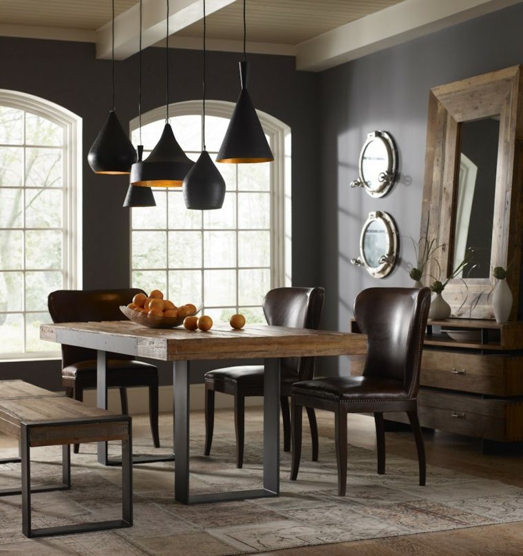 grand miroir salle à manger bois table en bois moderne fauteuil cuir luminaire suspendu