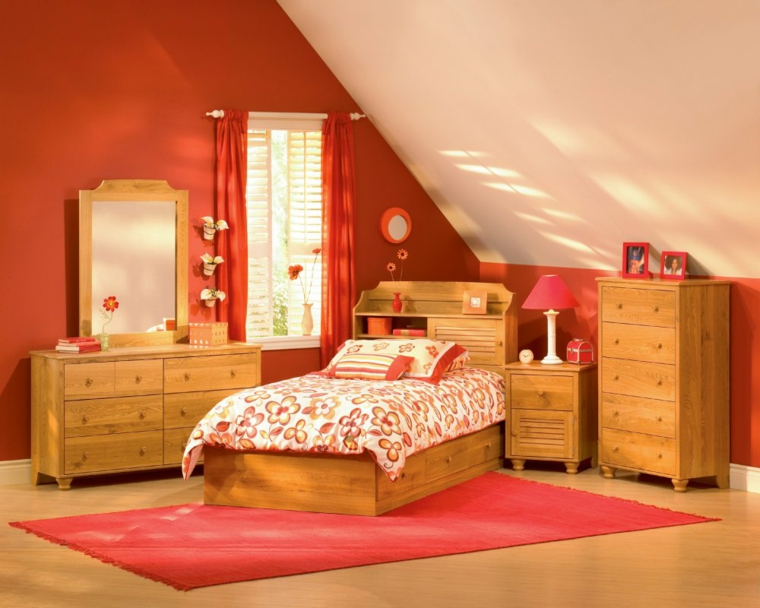 chambre ado orange rouge mobilier bois tapis de sol
