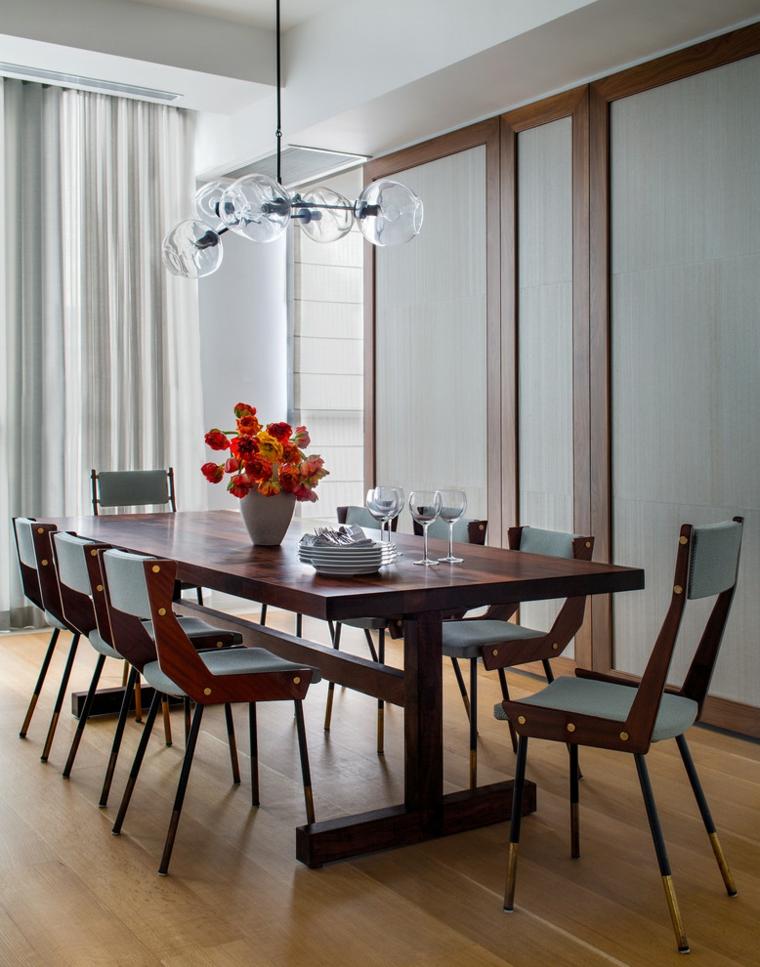 table à manger bois chaise design marron gris lampe design