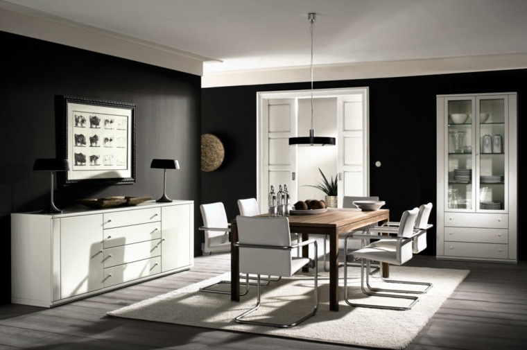 salle à manger moderne chaise de cuisine blanche table en bois luminaire suspendu noire tableau placard