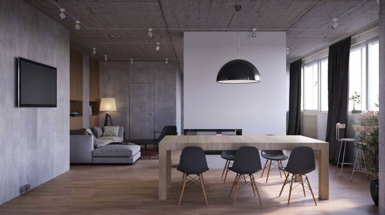 salle à manger grise table en bois design luminaire suspension 