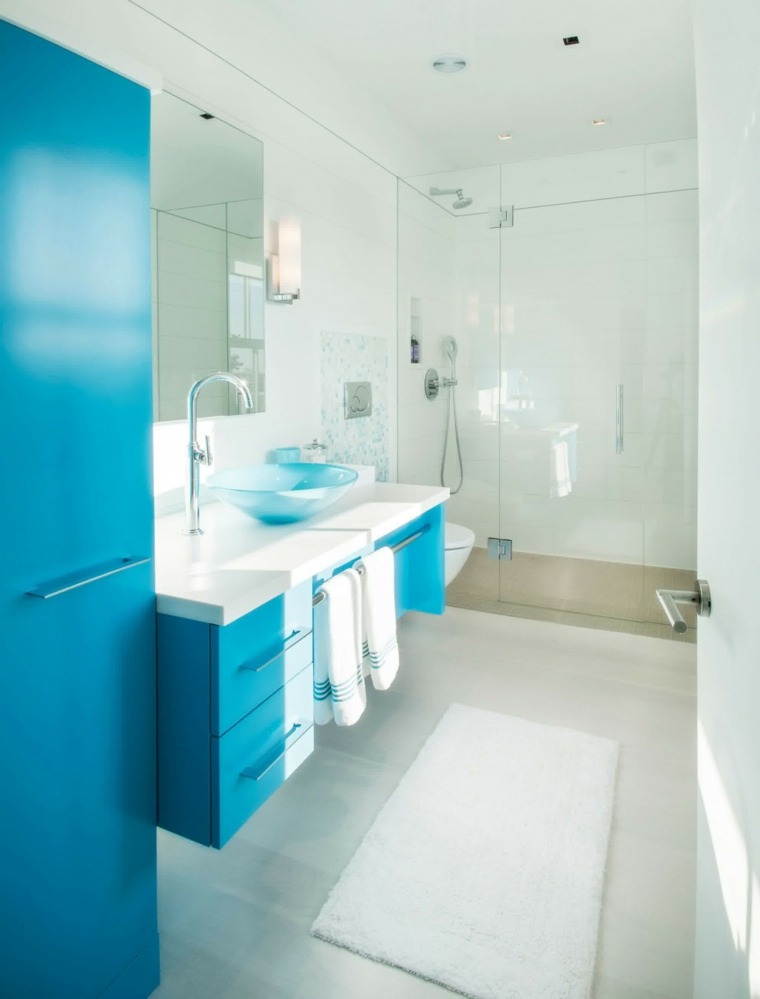 intérieur salle de bain mobilier bleu placard tapis de sol blanc cabine de couche 