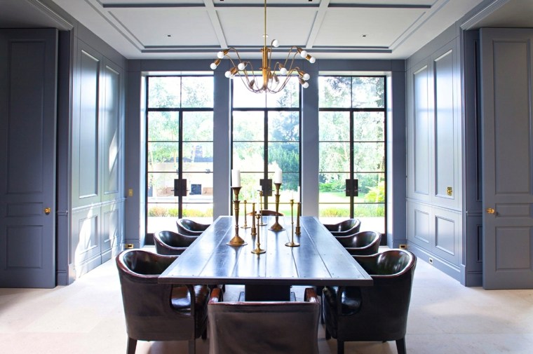 william hefner dining room paneled walls doors gray blue cococozy interior design leather chairs encasement windows interior design