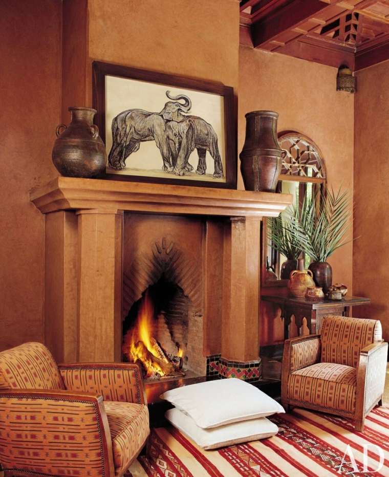 fauteuil marocain tapis de sol salon cheminée 