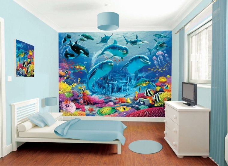 décorer chambre enfant dauphins lit meuble bois  blanc 