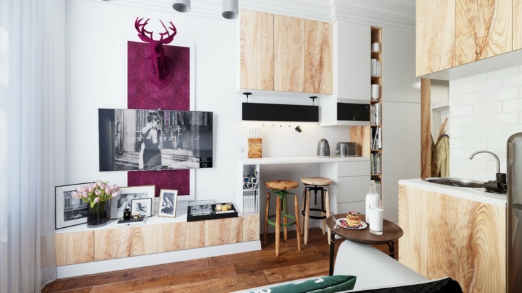 salon petit appartement aménagement bois design tabouret déco photo