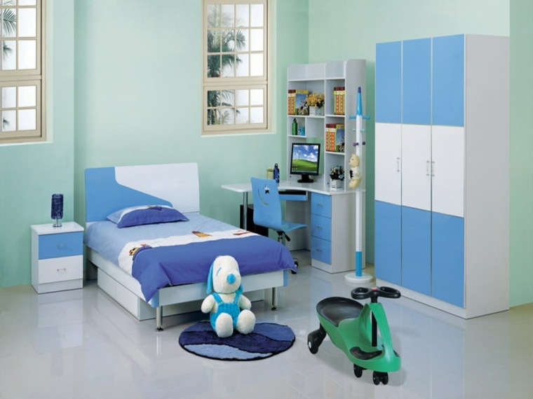 chambre enfant idée de décoration bleu blanc armoir meuble bois