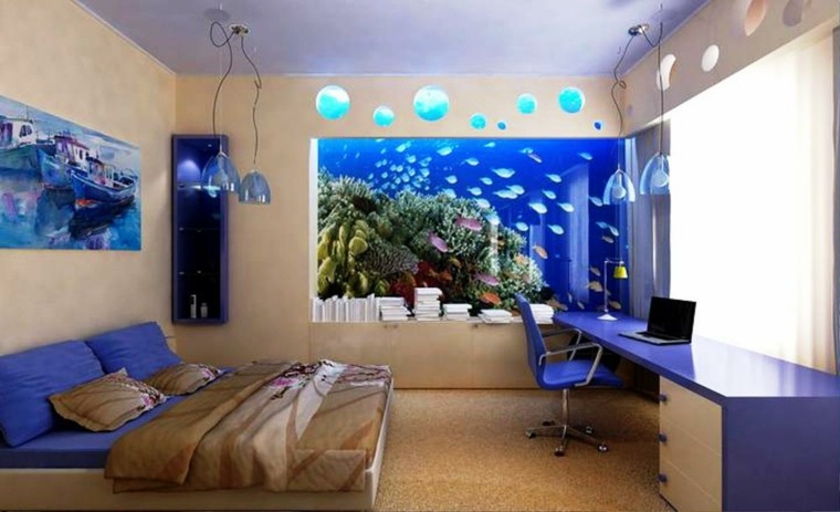 chambre aquarium bleu poissons
