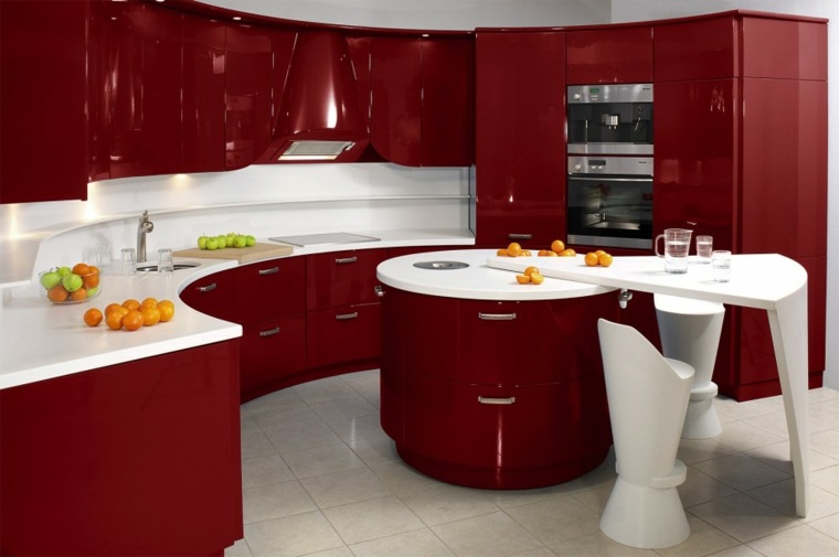 aménagement cuisine rouge blanche design îlot de cuisine