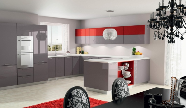 cuisine grise et rouge tendance mobilier gris moderne îlot 