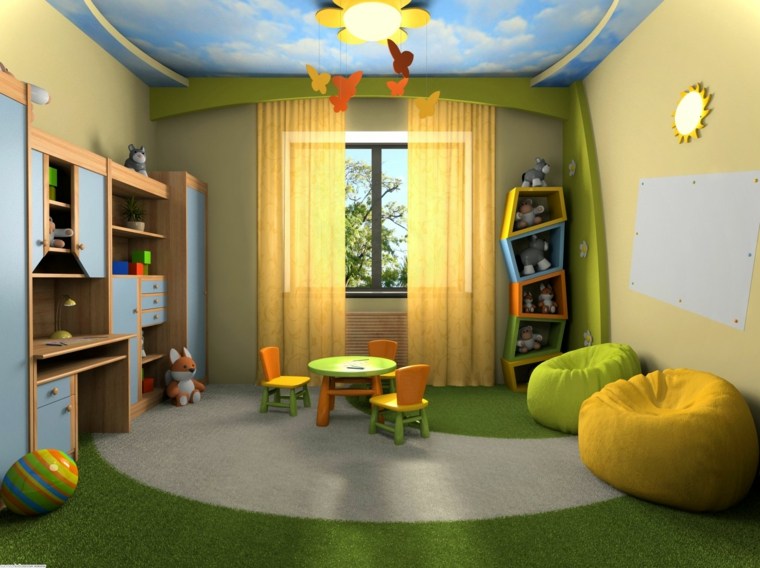 décoration chambre enfant tapis de sol pouf table basse étagères orange vert 