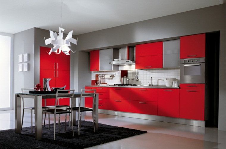 cuisine grise et rouge design luminaire blanc moderne design idée aménagement cuisine