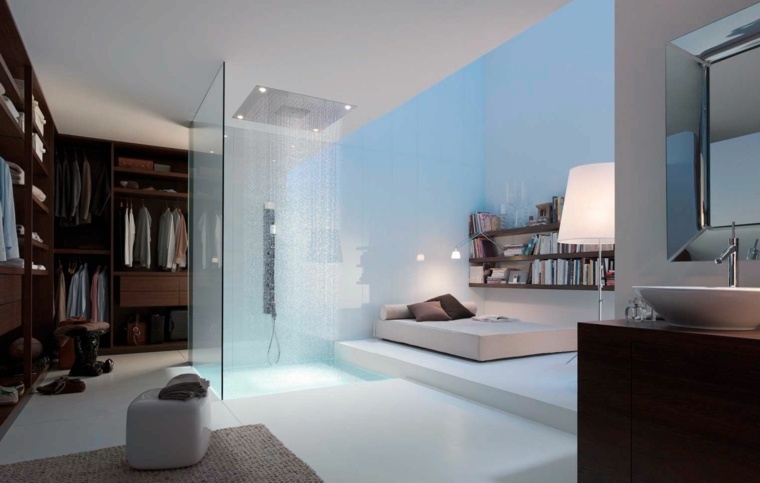 salle de bain cabine douche idée italienne moderne étagères 