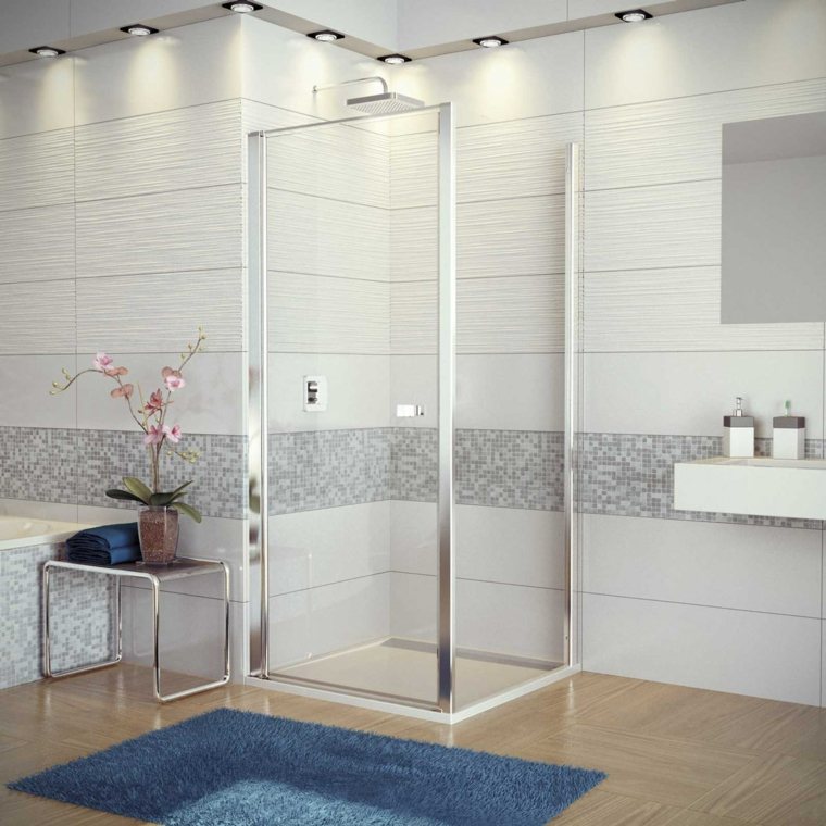 cabine de douche italienne tapis de salle de bain bleu déco fleurs