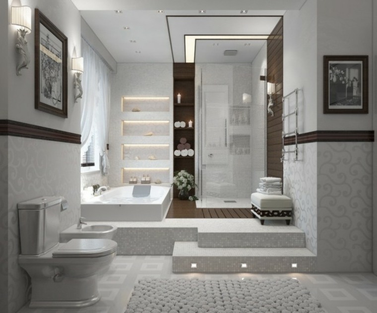 aménager salle de bain carrelage blanc  tapis de sol blanc cabine de douche