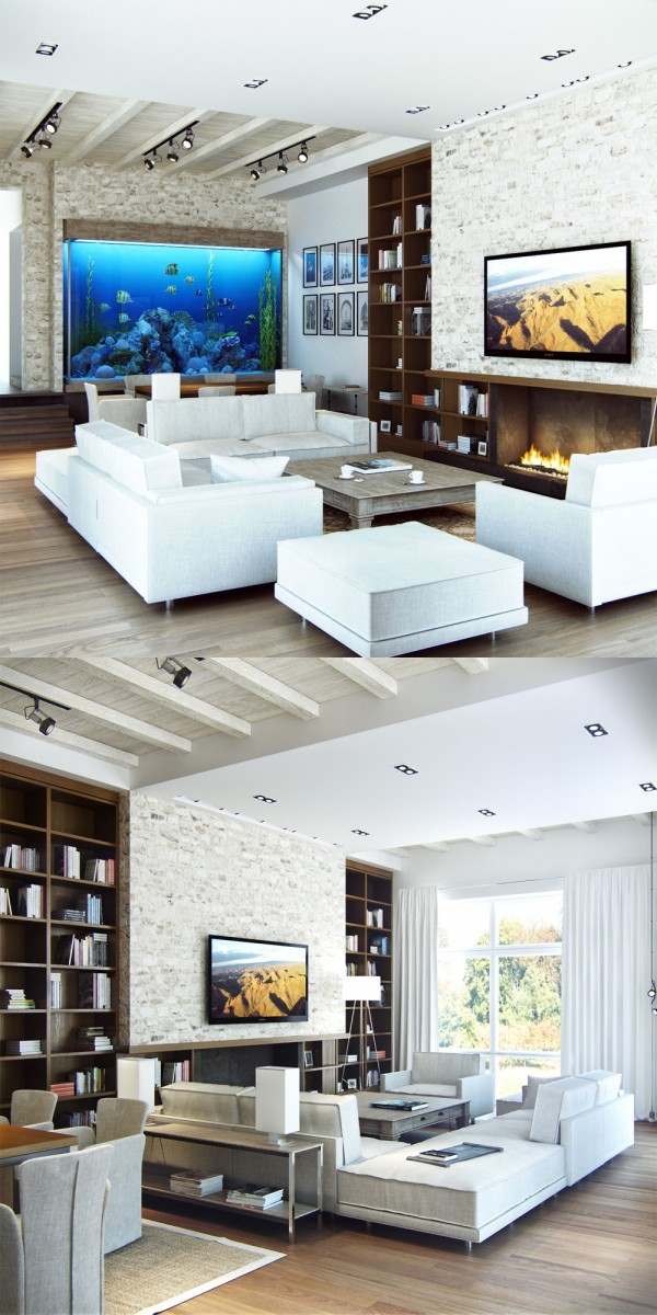 séjour moderne design canapé blanc table de salon grise déco aquariuim
