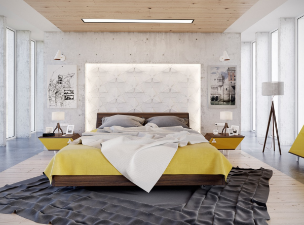 aménagement chambre à coucher moderne lit déco mural tableau tapis de sol 
