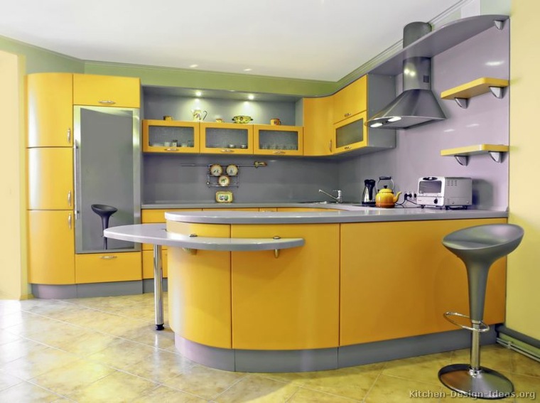 idée cuisine couleur îlot central gris jaune design meuble