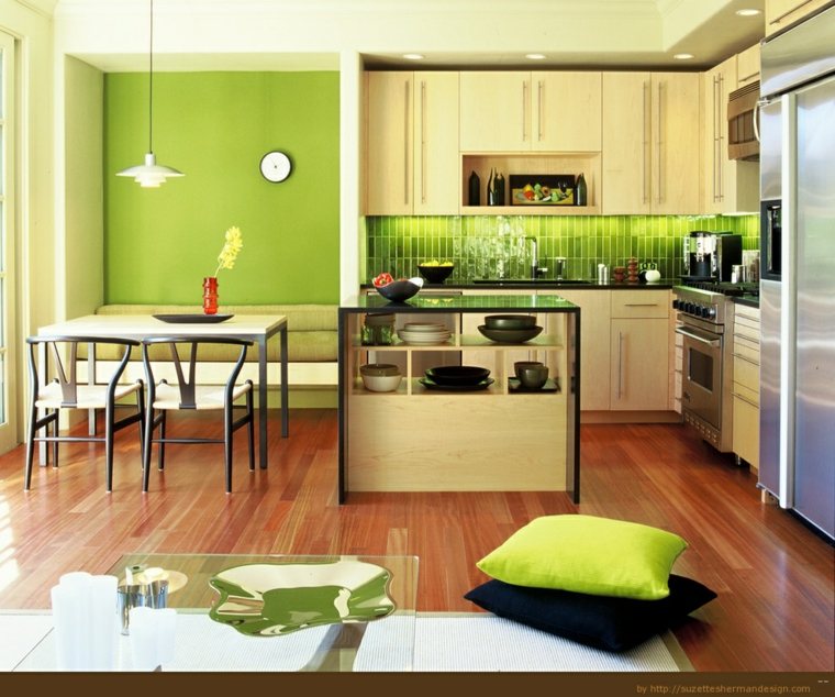 cuisine bois luminaire suspendu mur peint vert idée couleurs 