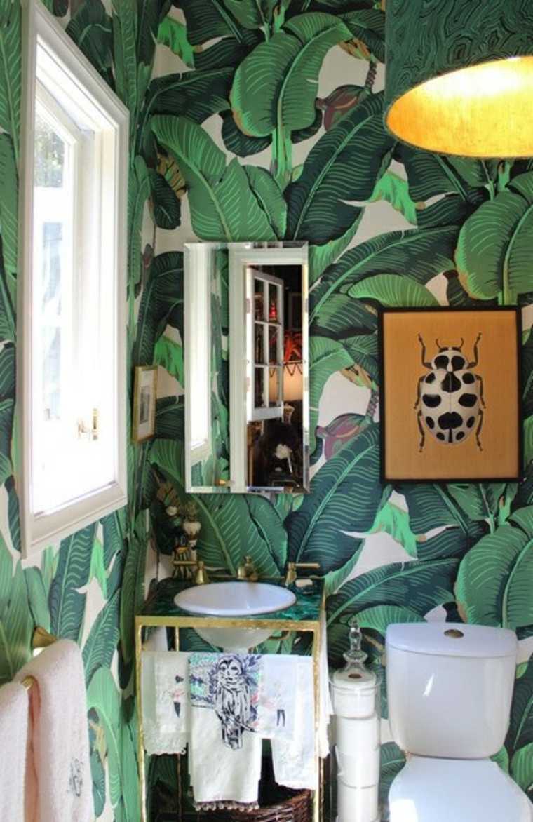 toilettes couleur idée mur revêtement plante cadre jaune miroir 