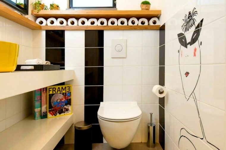 déco toilettes sticker mural idée noir et blanc jaune 