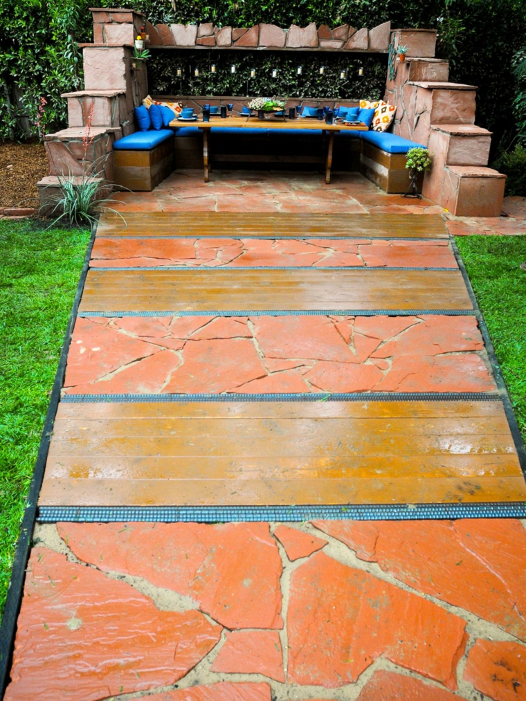 idee jardin extérieur terrasse design salon convivial déco orange bleu
