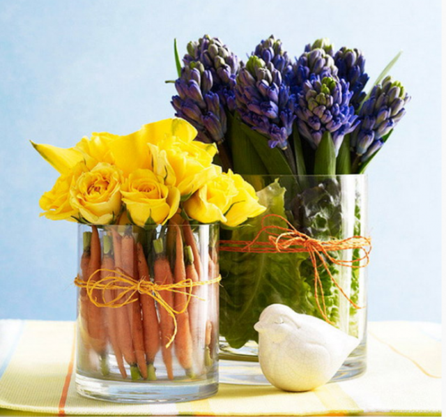 table idée de décoration carottes fleurs jaunes violettes