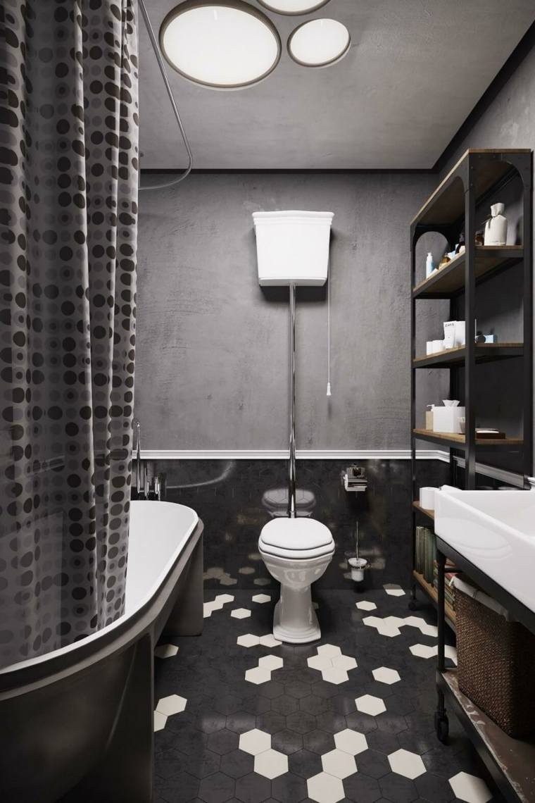 salle de bain noir blanc design toilettes baignoire rideau carrelage 