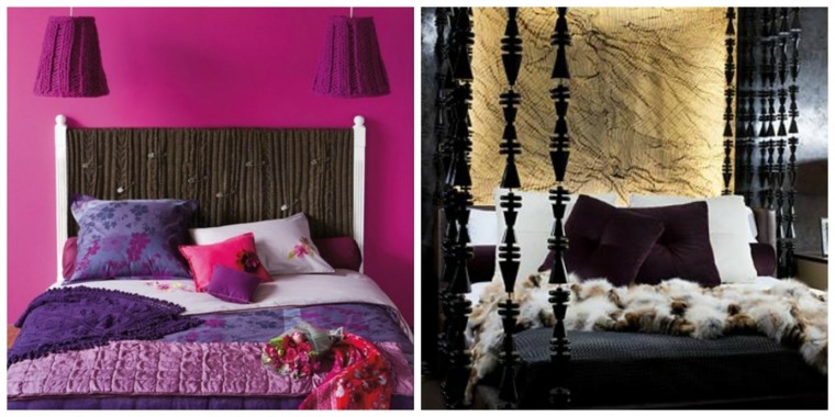 décoration chambre tête de lit coussin rose violet design 