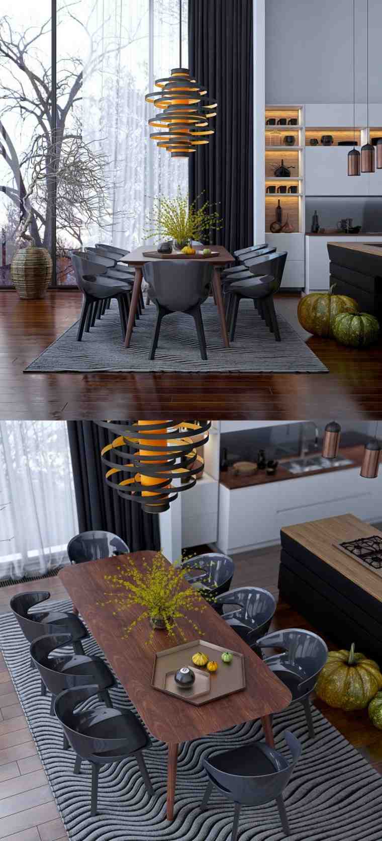 intérieur moderne table en bois longue chaise noir design luminaire suspendu déco plantes