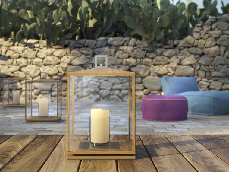 déco jardin idée bougie bois design atmosphera extérieur moderne canapé bleu pouf violet 