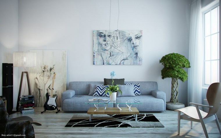 intérieur gris salon moderne idée déco mur plante coussins tapis de sol noir blanc